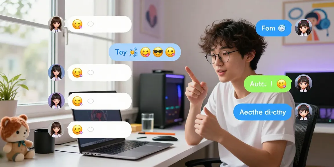 Exciting user engaging in AI ecchi chat with animated character in vibrant digital chat space.