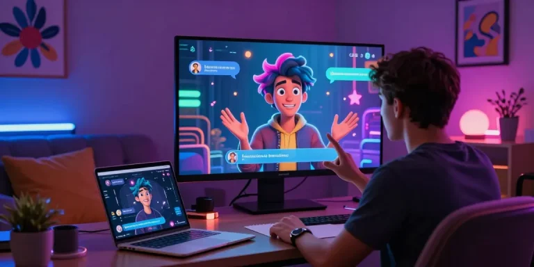 Engaging in a lively NSFW AI chat with animated character in cozy, modern environment.