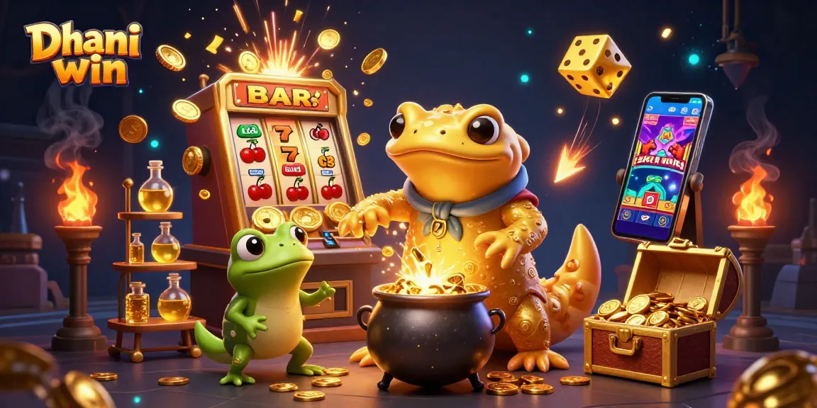 Dhani win highlights a vibrant 3D illustration of a golden salamander alchemist in a lively casino setting.