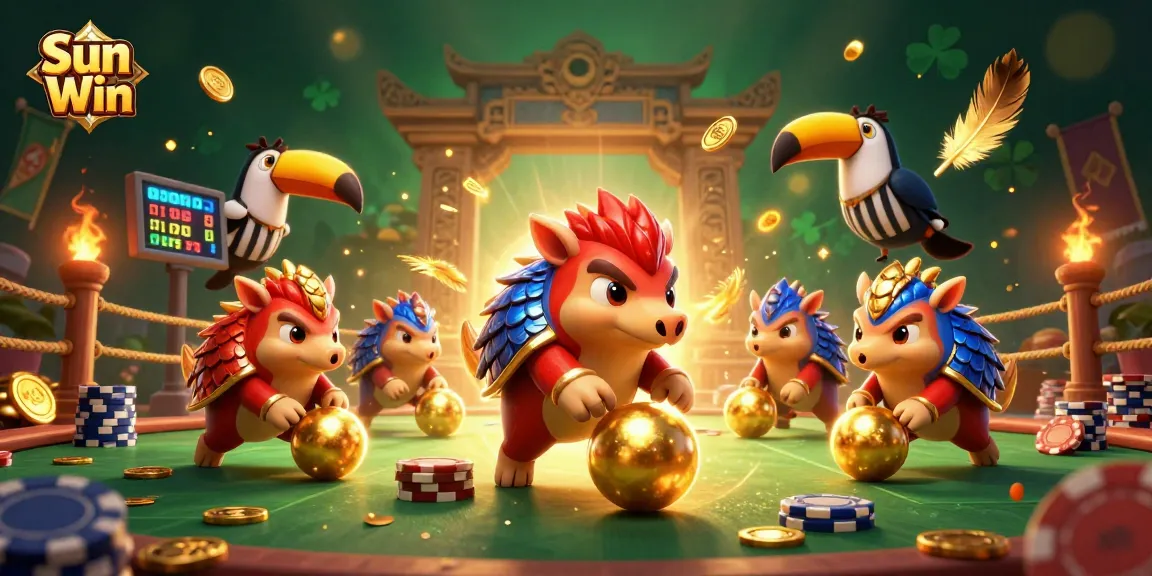 Sun Win pangolins compete in a vibrant casino scene, rolling poker chips and gold.